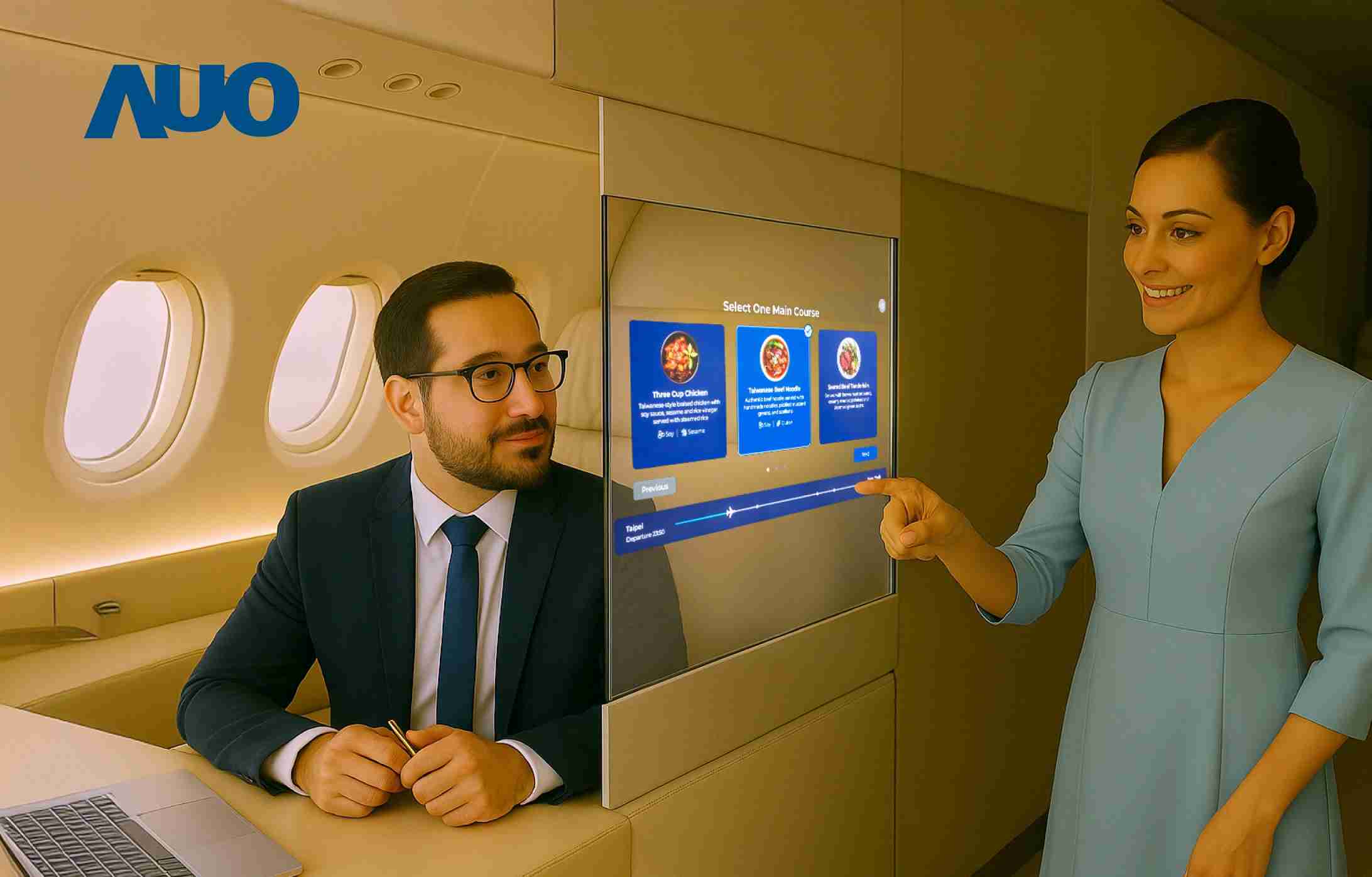 918.COM研发全球最薄17.3 吋双面透明 Micro LED 显示器，，，，可在同一屏幕之双边投射不同信息，，，创造独特的”透明化”互动；图为实时翻译交流应用情境